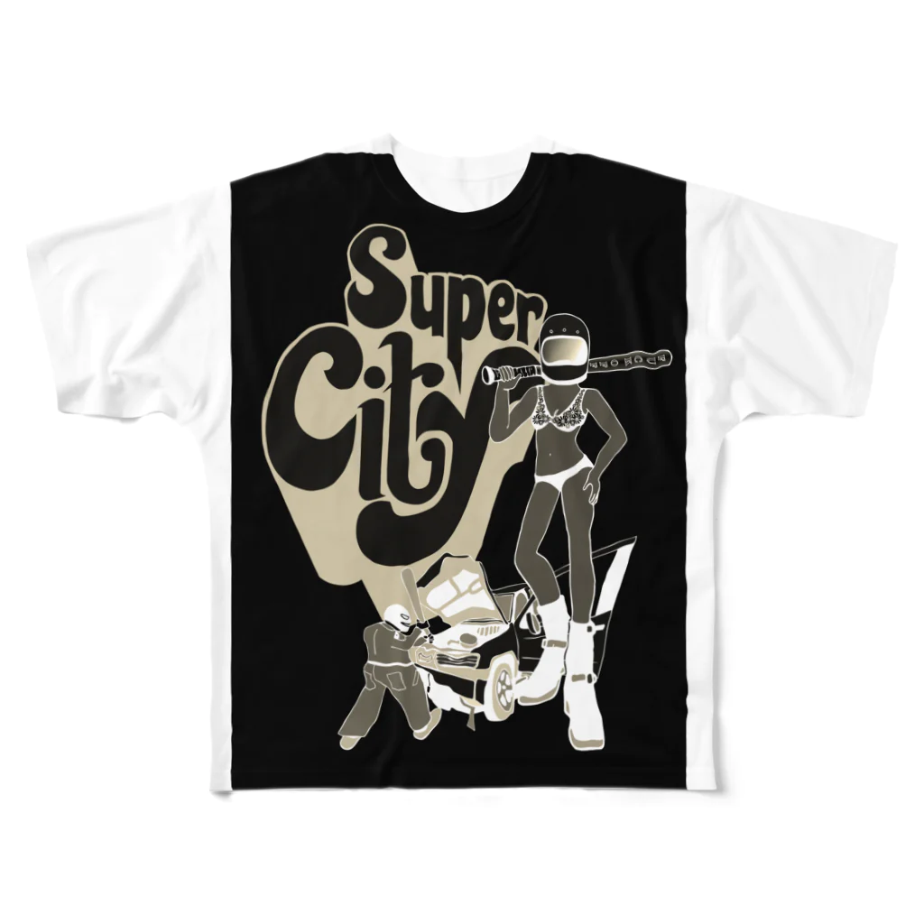 マッチアンドポンプ舎 suzuri支店のsuper  city ネガ All-Over Print T-Shirt