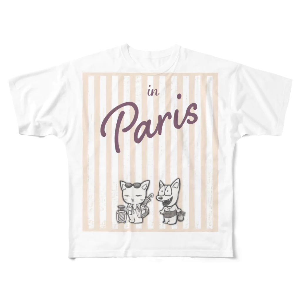 SHIRU-SHIのさびしい目をしたねこ【イン・パリ】Tシャツ フルグラフィックTシャツ