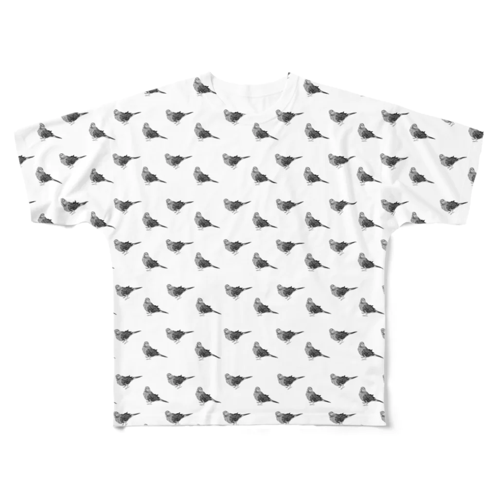 M.storeのアキクサインコTシャツ（総柄） フルグラフィックTシャツ