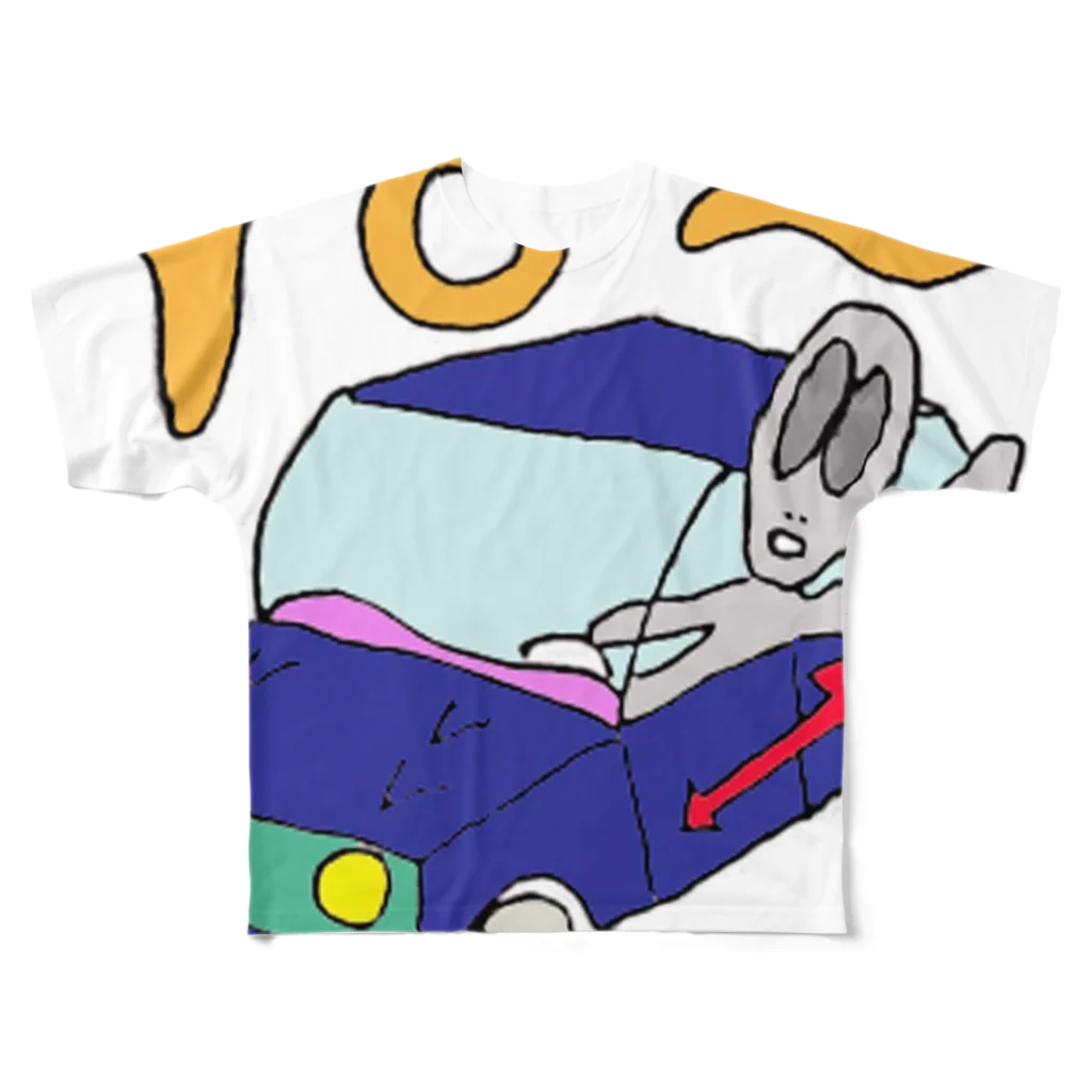 suta HOUSEのリトルグレイのりとる君　car フルグラフィックTシャツ