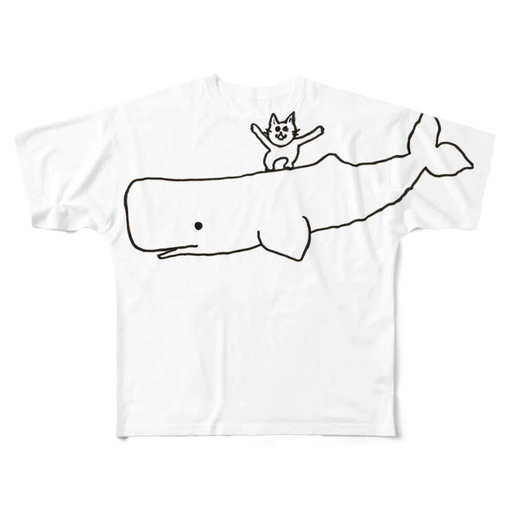 Famille de baleines(ファミールデバレーヌ)のマッコウクジラに乗って（ねこ） All-Over Print T-Shirt