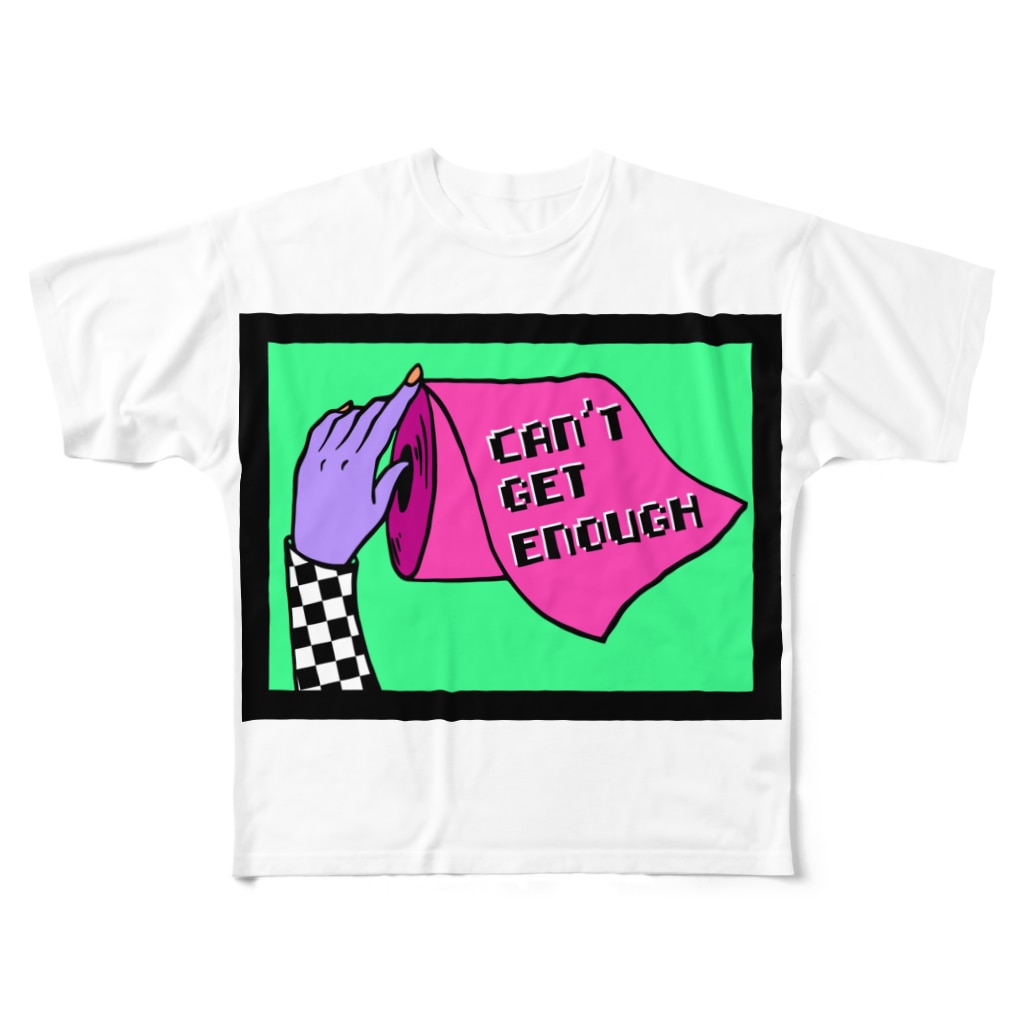 Mieko_KawasakiのCAN'T GET ENOUGH / GREEN トイレットペーパー　 All-Over Print T-Shirt
