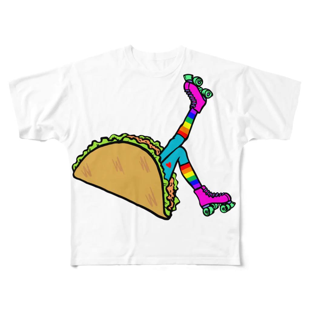 Mieko_Kawasakiのタコス　ローラースケート　ガール  TACOS ROLLER GIRL RAINBOW　レインボー　Tacos Rollerskate Rainbow All-Over Print T-Shirt