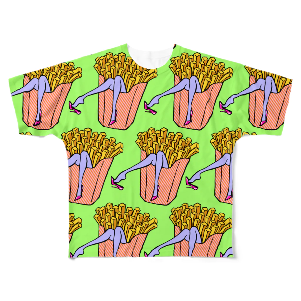 Mieko_Kawasakiの魅惑のフライドポテト🍟　GULTY PLEASURE FRENCH FRIES GREEN フルグラフィックTシャツ