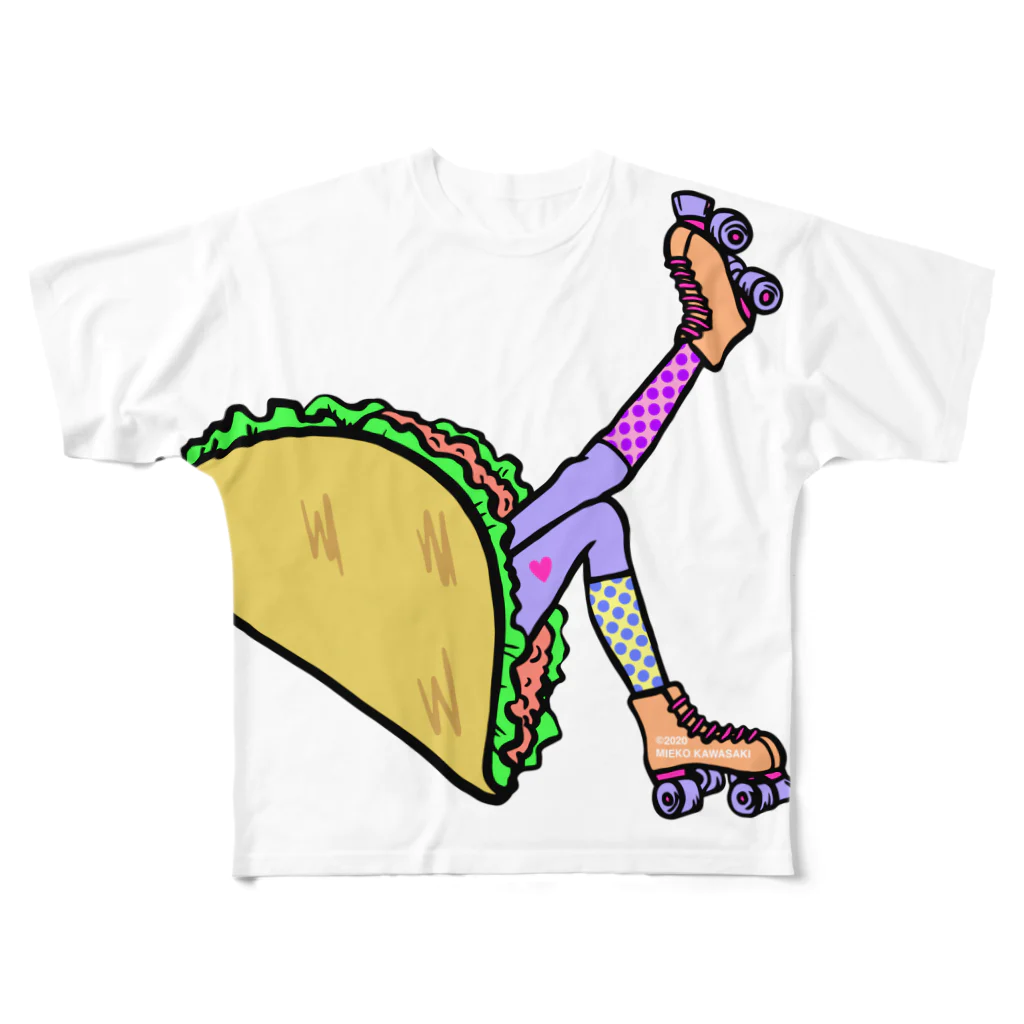 Mieko_Kawasakiのタコス　ローラースケート　ガール  TACOS ROLLER GIRL DOT 水玉　ドット　Tacos Rollerskate Rainbow フルグラフィックTシャツ