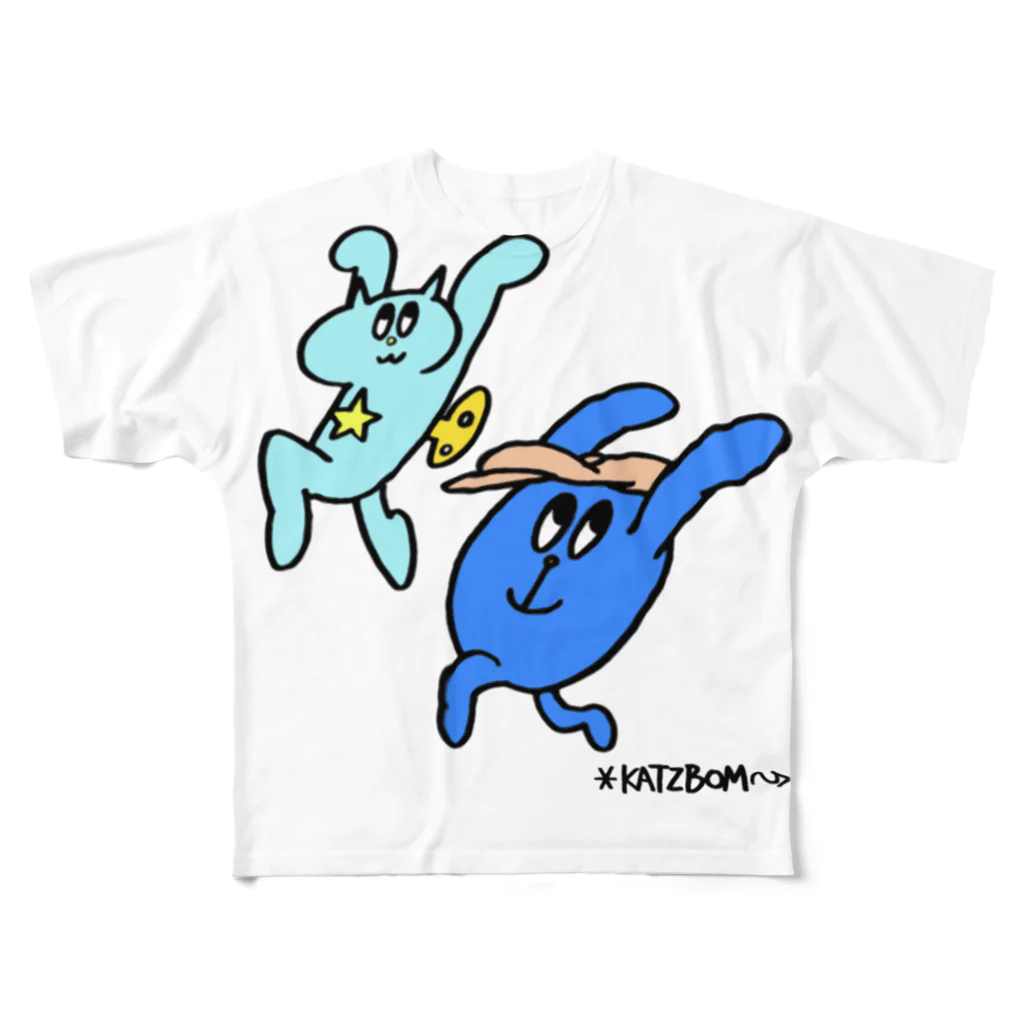 カツボン(KATZBOM)／漫画家ラッパーのネジネコとモンタナ〜ジャンプ！ フルグラフィックTシャツ