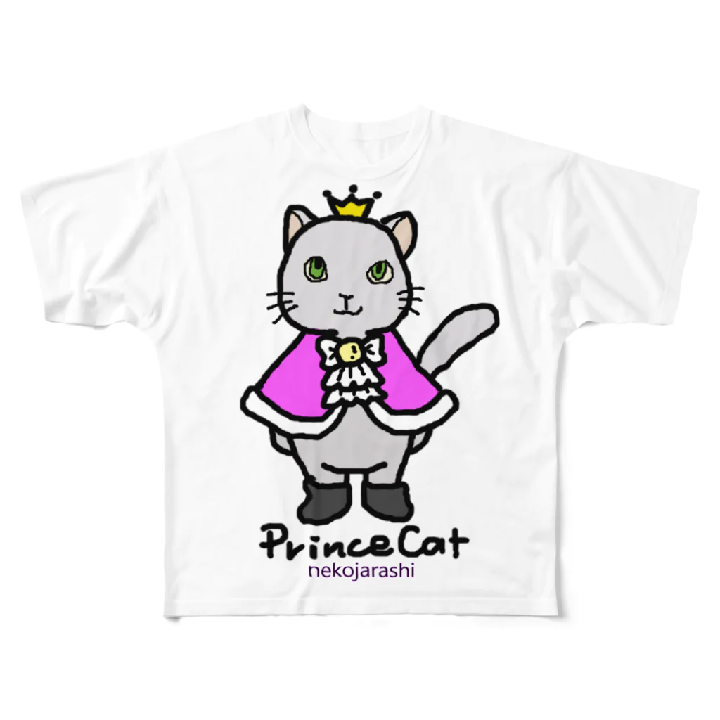 ゆきだるまころころのねこの王子様＊ピンク 풀그래픽 티셔츠