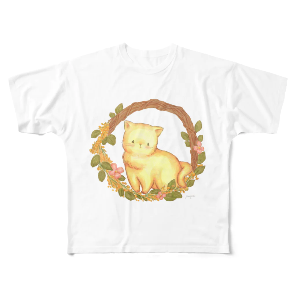 Little afternoonのミモザのリースとねこ フルグラフィックTシャツ