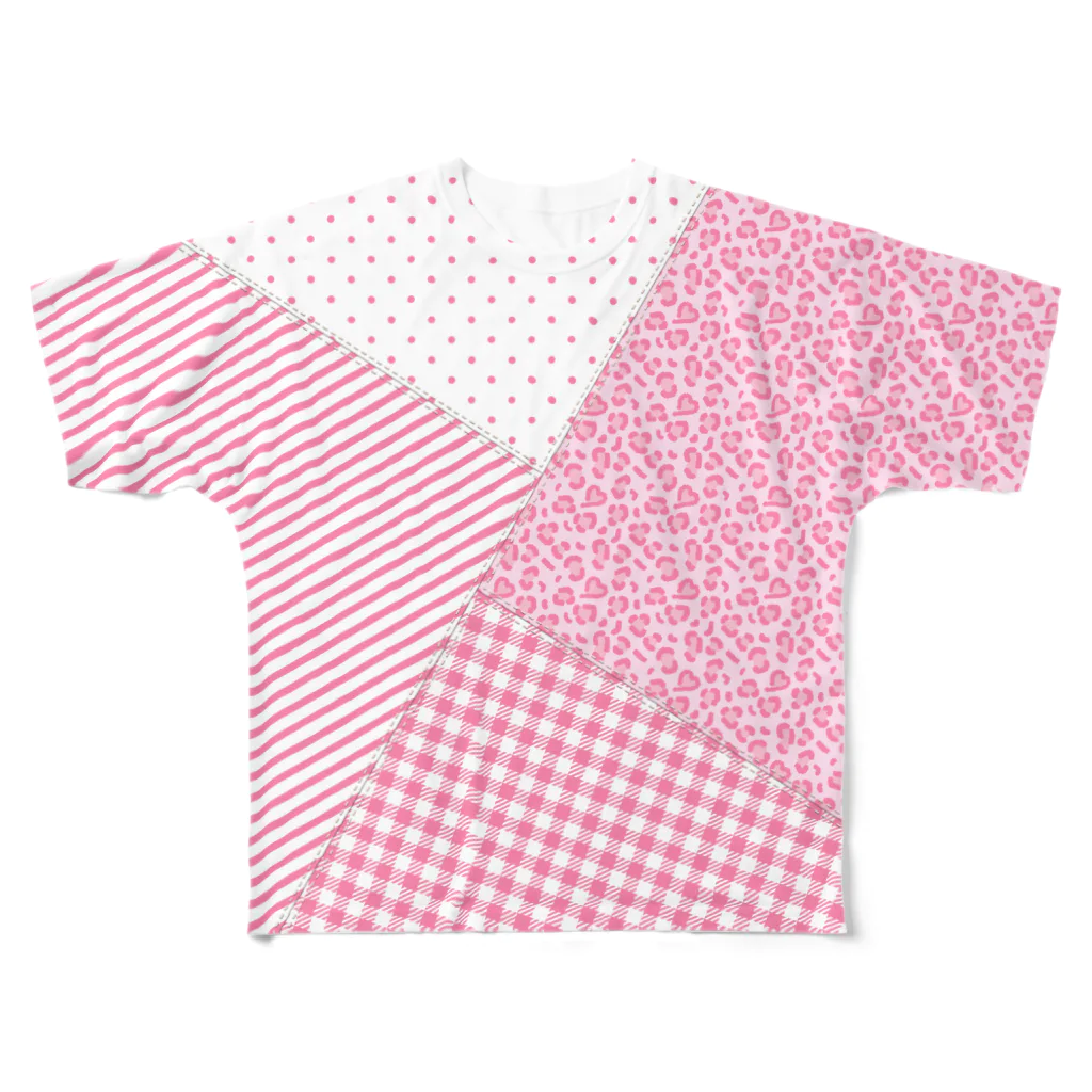 まるいねこのパッチワーク風Tシャツ ～ Pink ～ フルグラフィックTシャツ