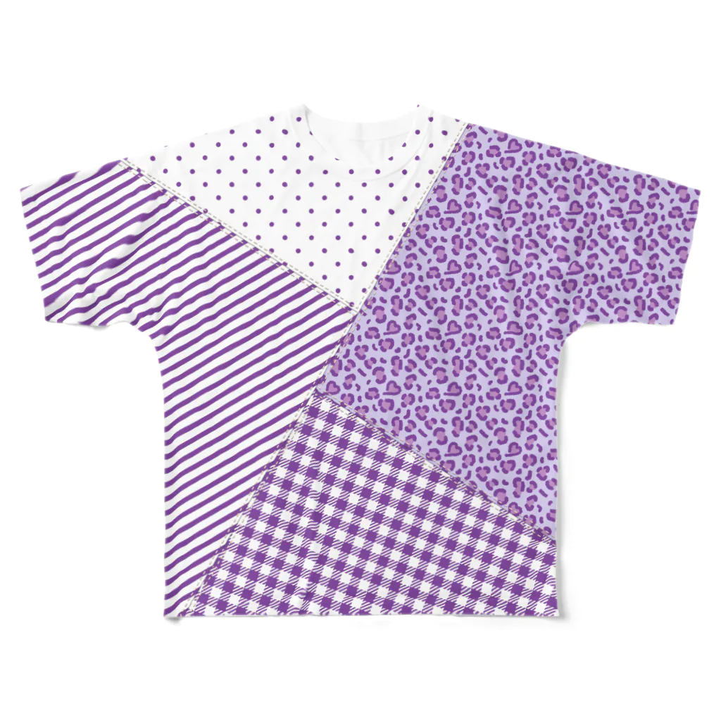 まるいねこのパッチワーク風Tシャツ ～ Purple ～ フルグラフィックTシャツ