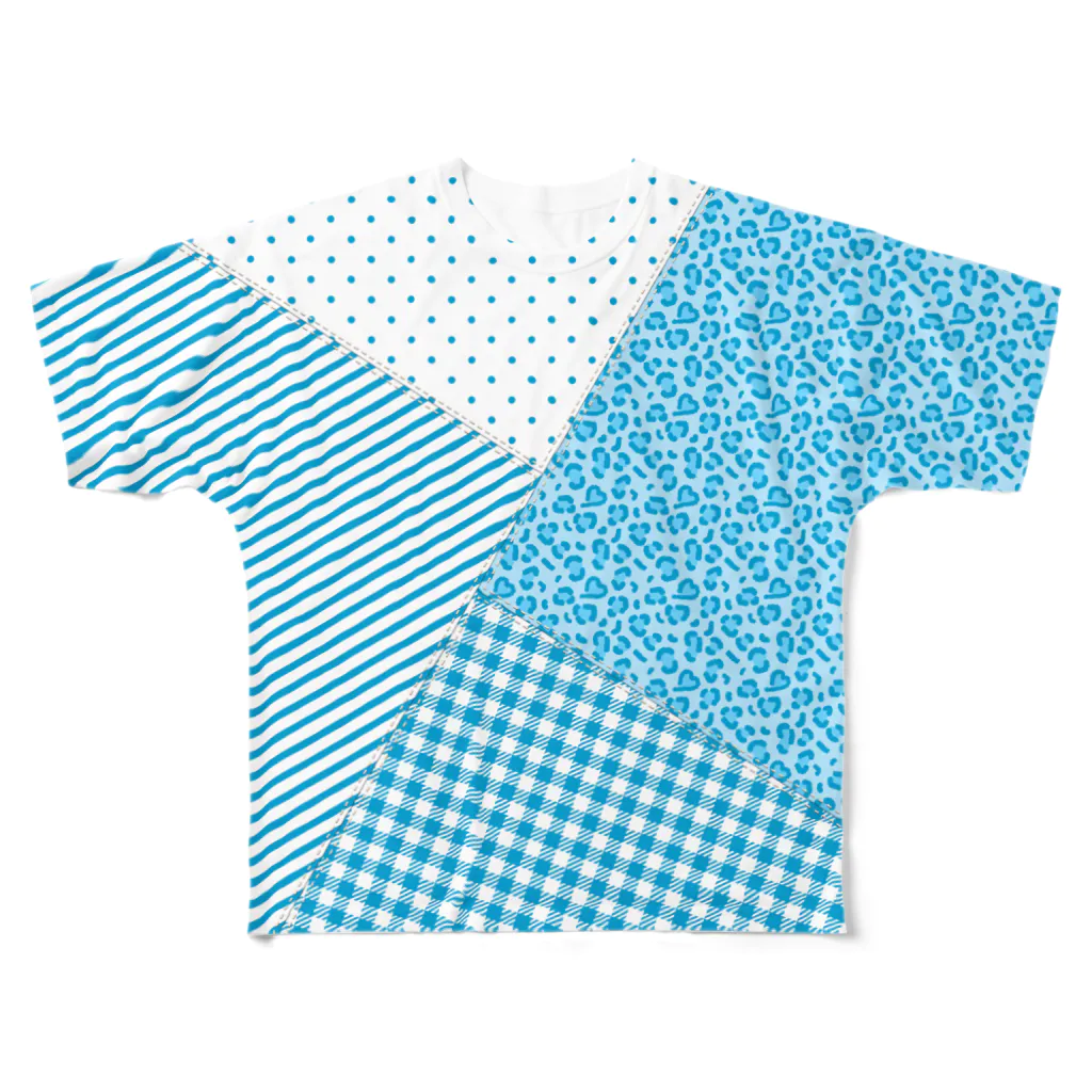 まるいねこのパッチワーク風Tシャツ ～ Blue ～ フルグラフィックTシャツ