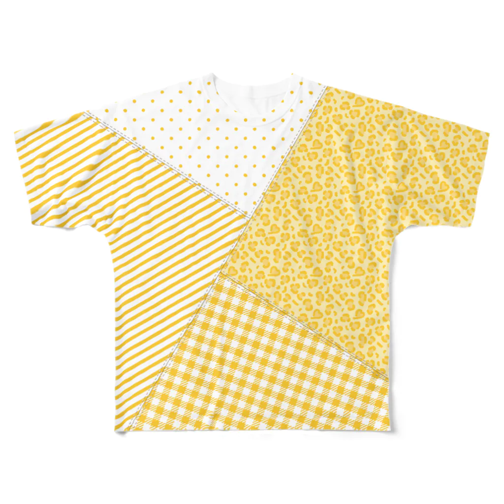 まるいねこのパッチワーク風Tシャツ ～ Yellow ～ フルグラフィックTシャツ