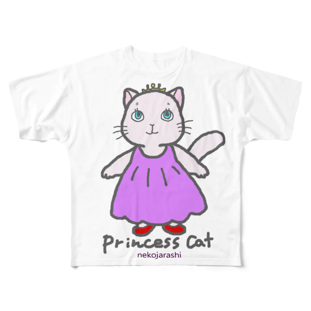 ゆきだるまころころのねこのお姫さま（ピンク） フルグラフィックTシャツ