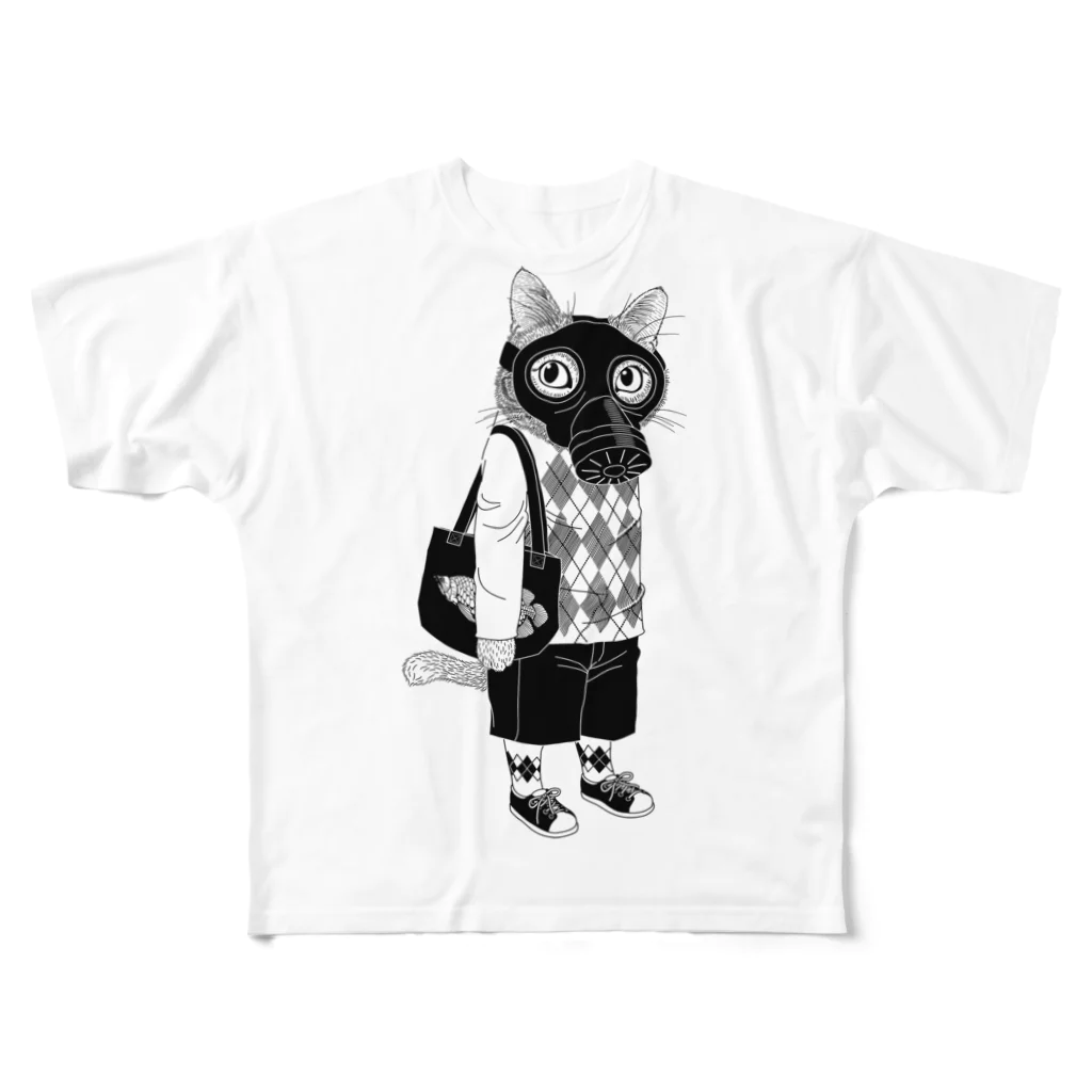 llotollのガスマスクを付けた猫 フルグラフィックTシャツ