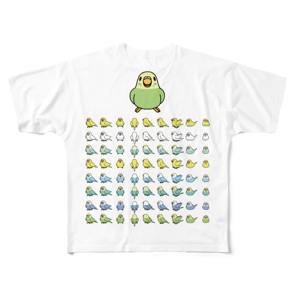 まめるりはことりの整列セキセイインコ隊【まめるりはことり】 フルグラフィックTシャツ