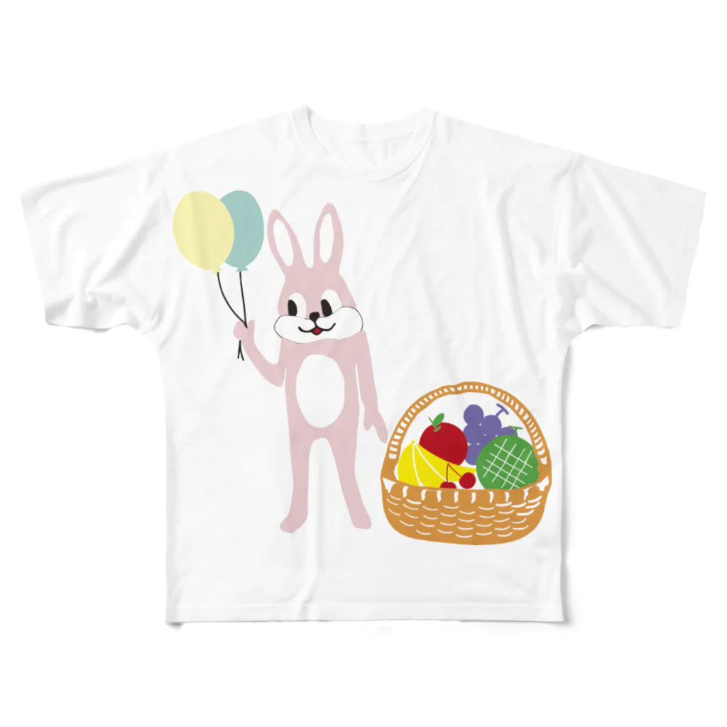 Panda factoryのウサギとフルーツバスケット フルグラフィックTシャツ