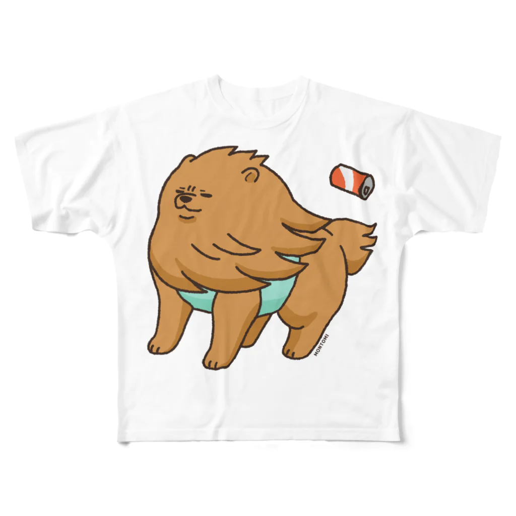 もんとみ | もっちり動物造形作家の強風に立ち向かうポメラニアン（茶色） All-Over Print T-Shirt