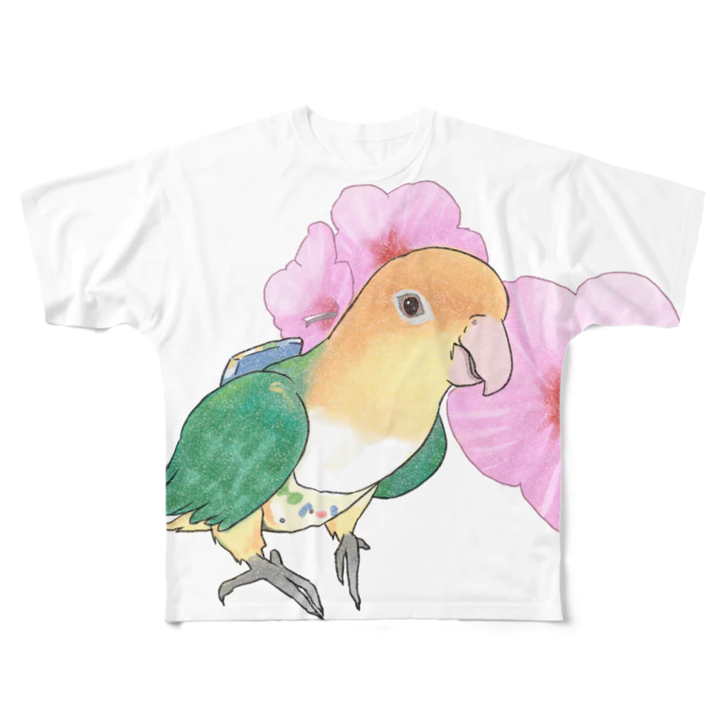 まめるりはことりのお花とシロハラインコちゃん【まめるりはことり】 フルグラフィックTシャツ