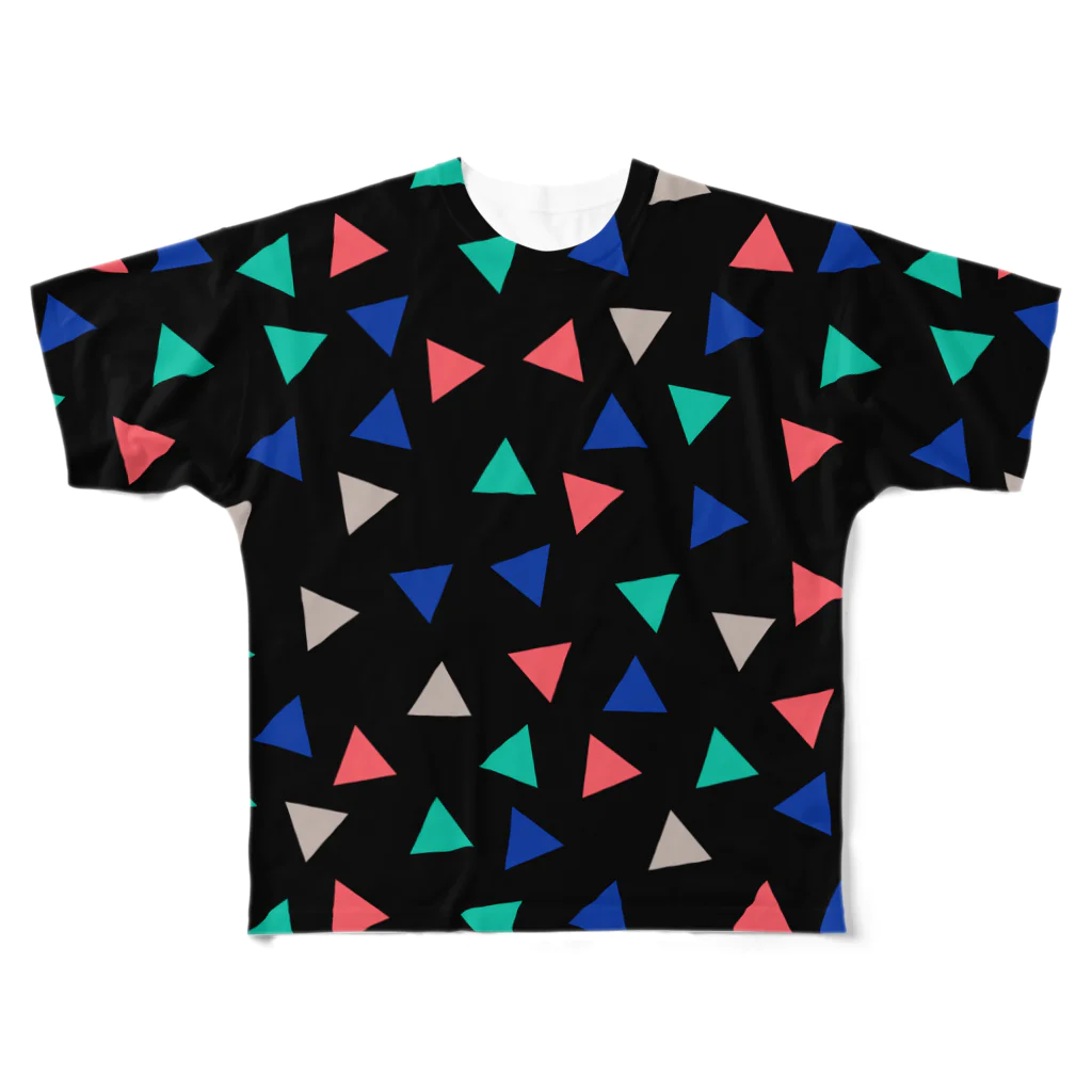 SANKAKU DESIGN STOREのはっぴー・ぽっぷ・さんかく。 黒 All-Over Print T-Shirt