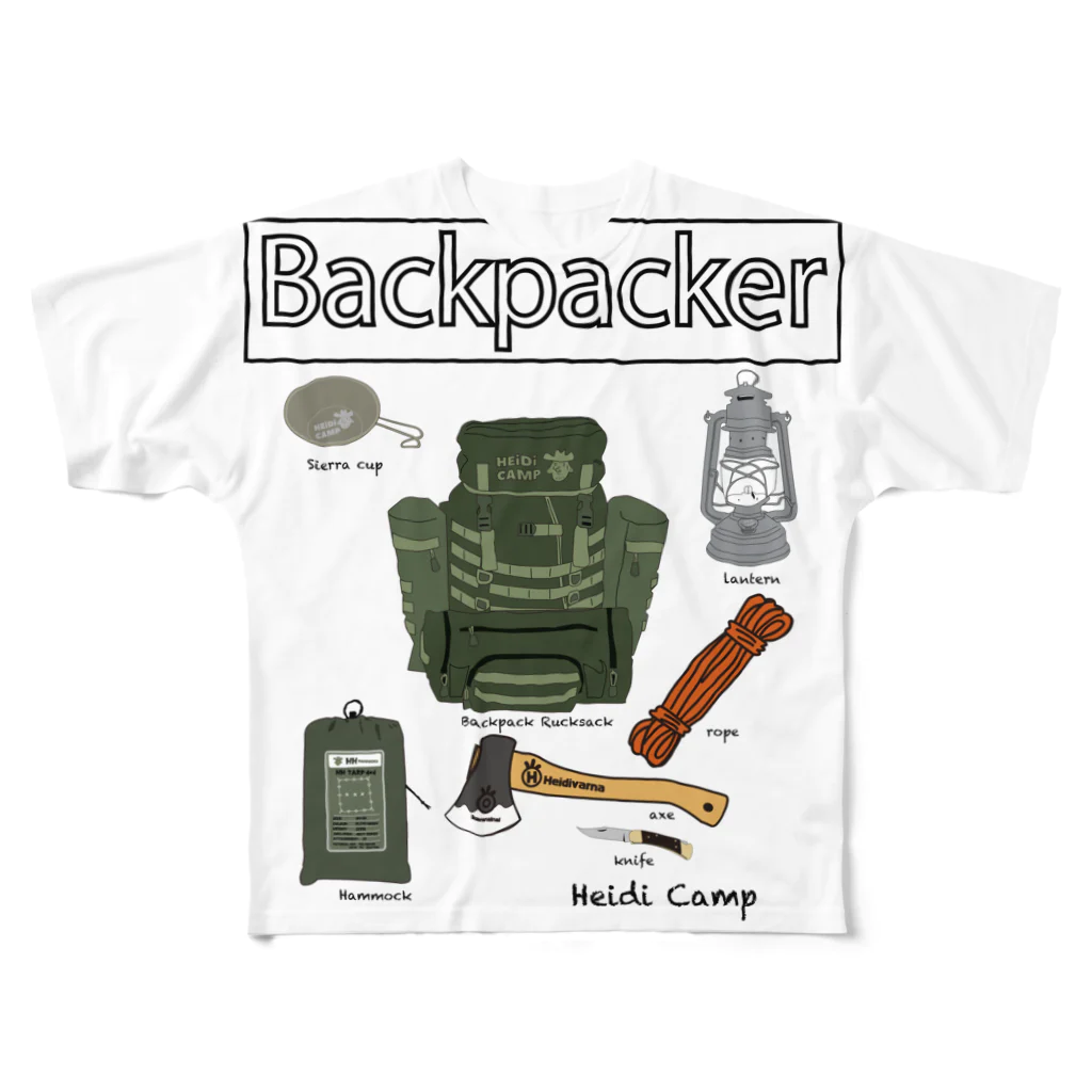 ハイジのキャンプのBackpacker フルグラフィックTシャツ