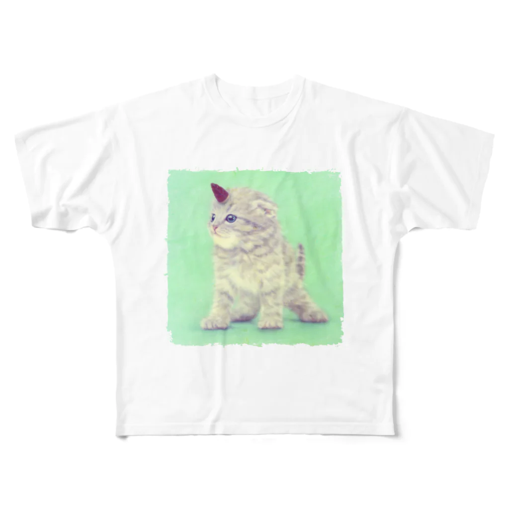 萌獣ファクトリー「純屋」の萌獣 猫 ユニャコーン／ゆにゃんこ：たけのこの里 フルグラフィックTシャツ