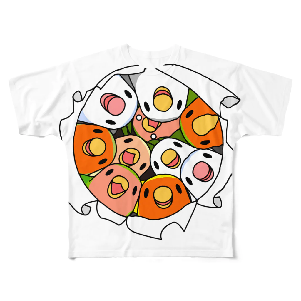 まめるりはことりの三密です！むちむちコザクラインコさん【まめるりはことり】 All-Over Print T-Shirt