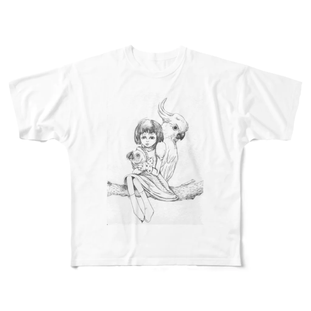 キダ虫のオウムと少女 フルグラフィックTシャツ