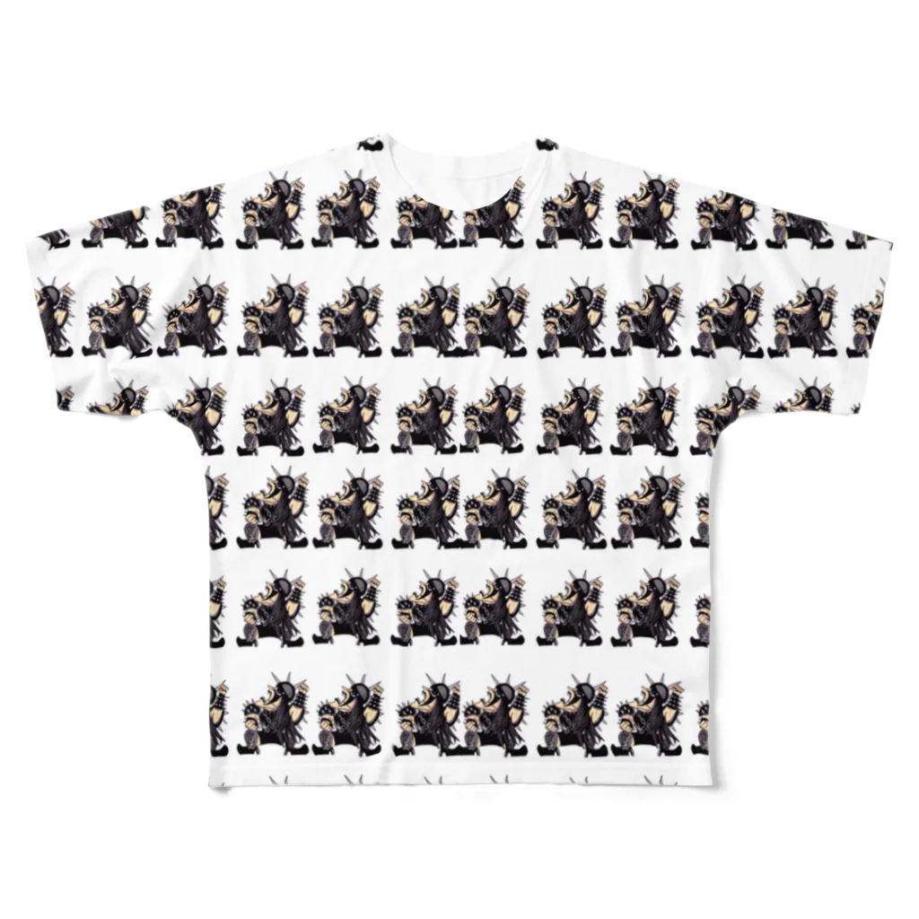 HELL DUMP人造人間SHOPのイラストサタン鈴木総柄Tシャツ フルグラフィックTシャツ