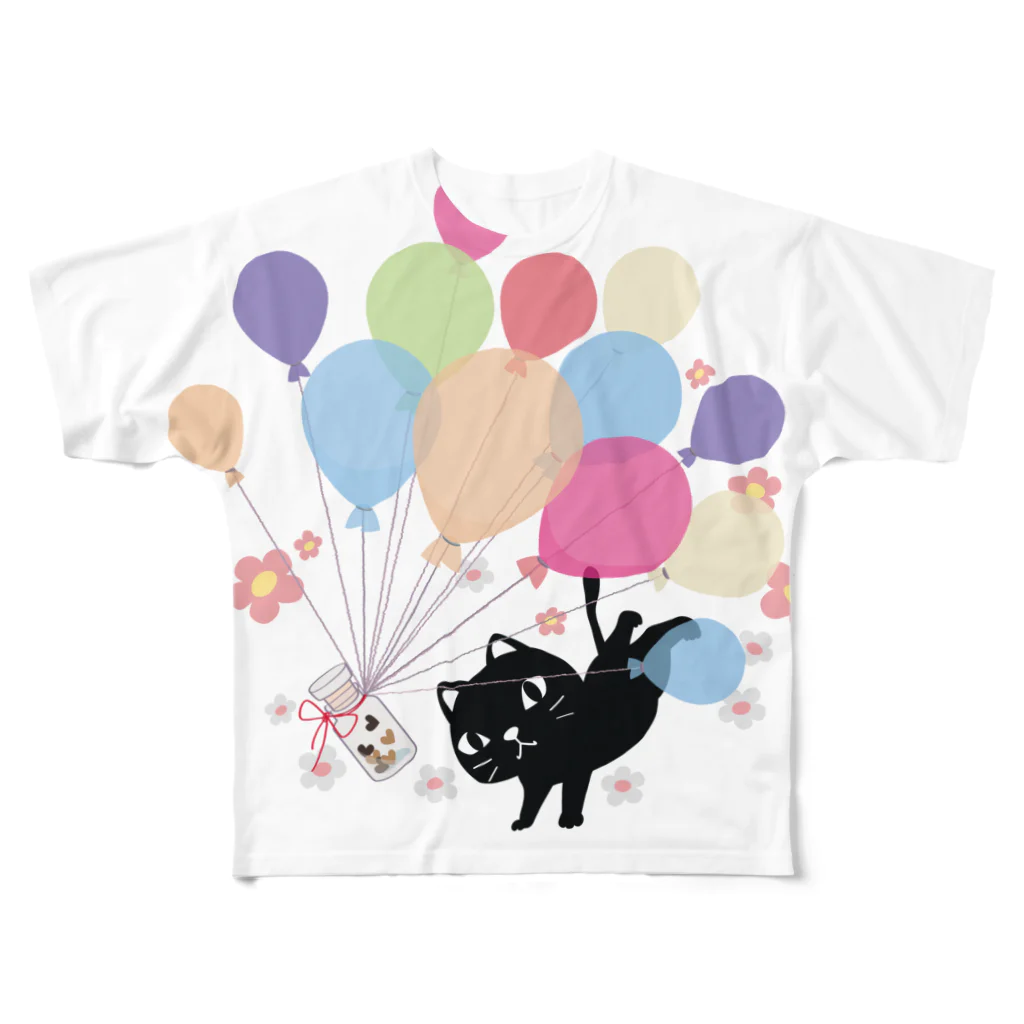 イラスト MONYAAT のくろねこの風船の種*A All-Over Print T-Shirt