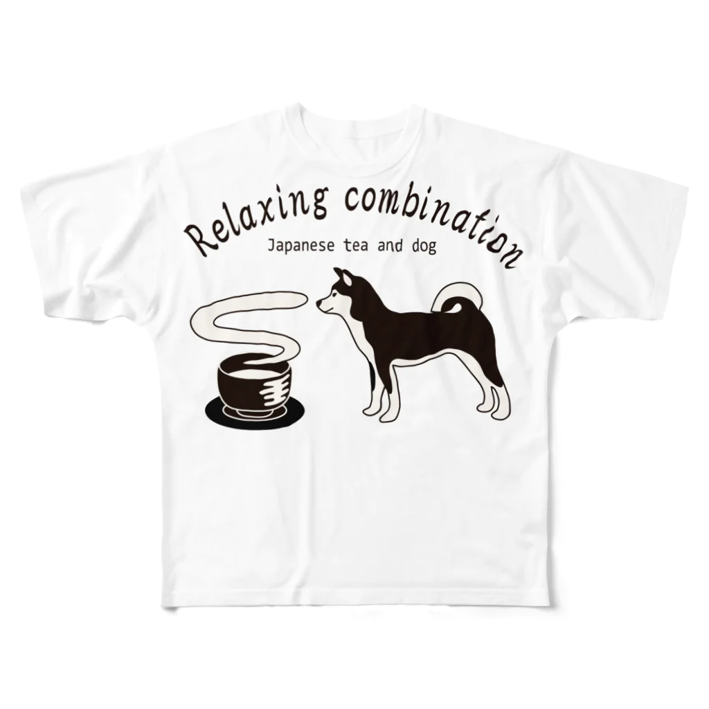 キッズモード某の日本の犬とお茶(モノトーン) フルグラフィックTシャツ