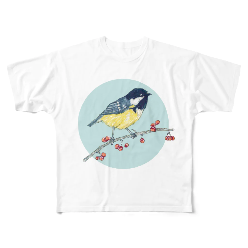 Nellyhime のアートのベリーと鳥 (Great Tit) フルグラフィックTシャツ