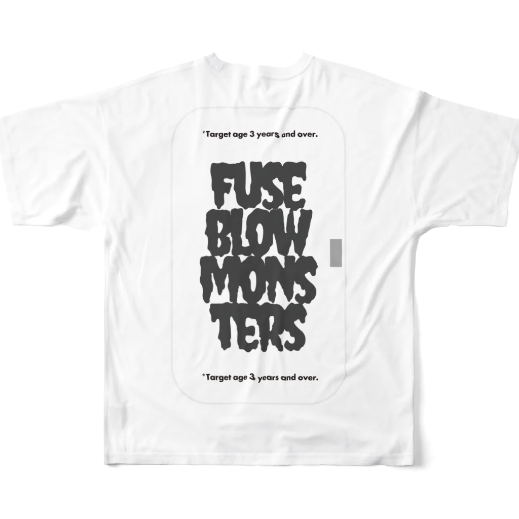 ルームシーワークスの人のFuseBlowMonstersモノクロロゴタイプ[FBM] フルグラフィックTシャツの背面