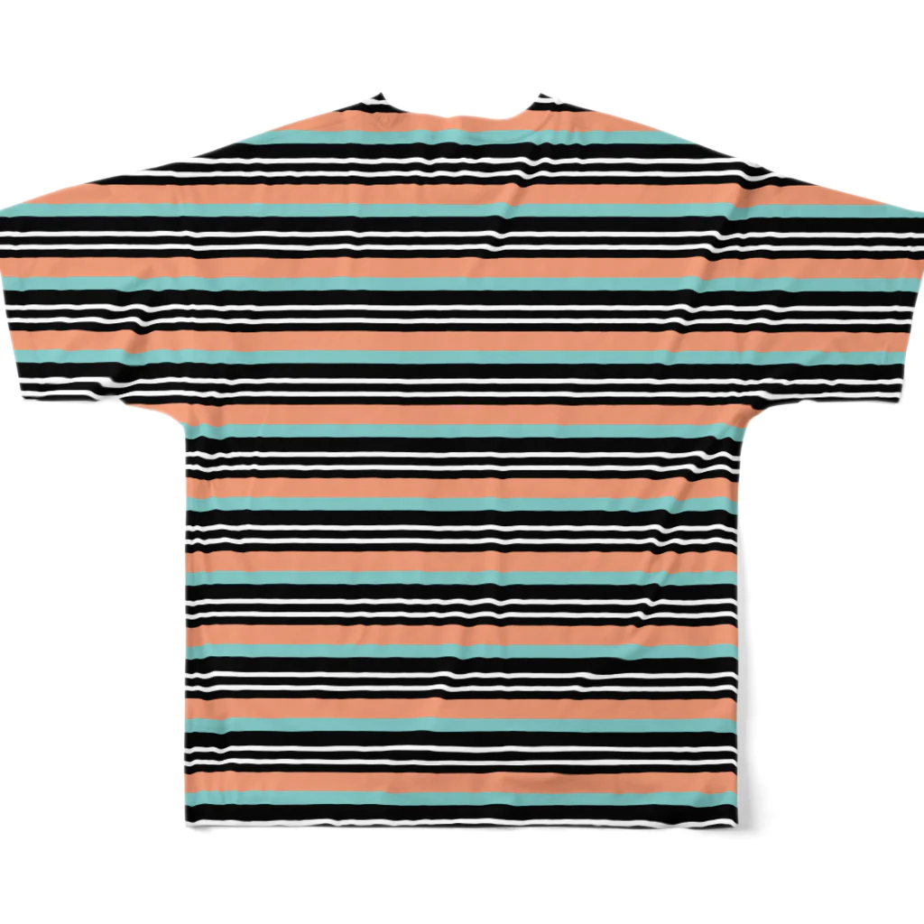 many many stripes.のボーダー水色ピンク フルグラフィックTシャツの背面