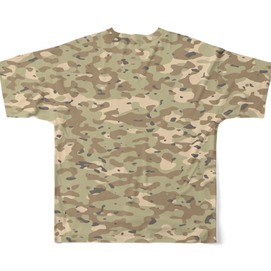 Military Casual LittleJoke のヘルメット付きロゴxCamo DesertCamp 砂漠用迷彩 サバゲー装備 フルグラフィックTシャツの背面