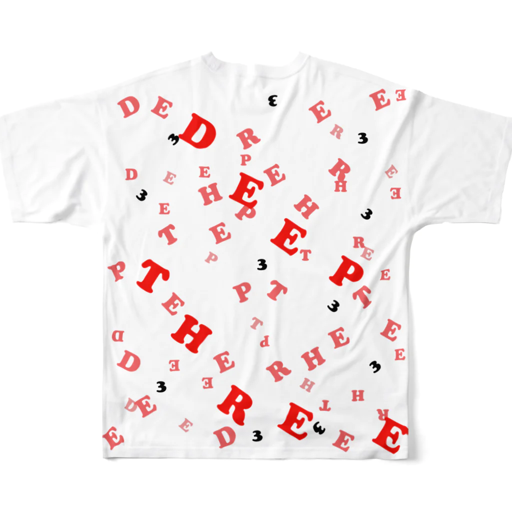 みゃみゅみぇっみょ（ばすけっと）のDEEP THREE（ディープスリー）ロゴTシャツ　レッド フルグラフィックTシャツの背面