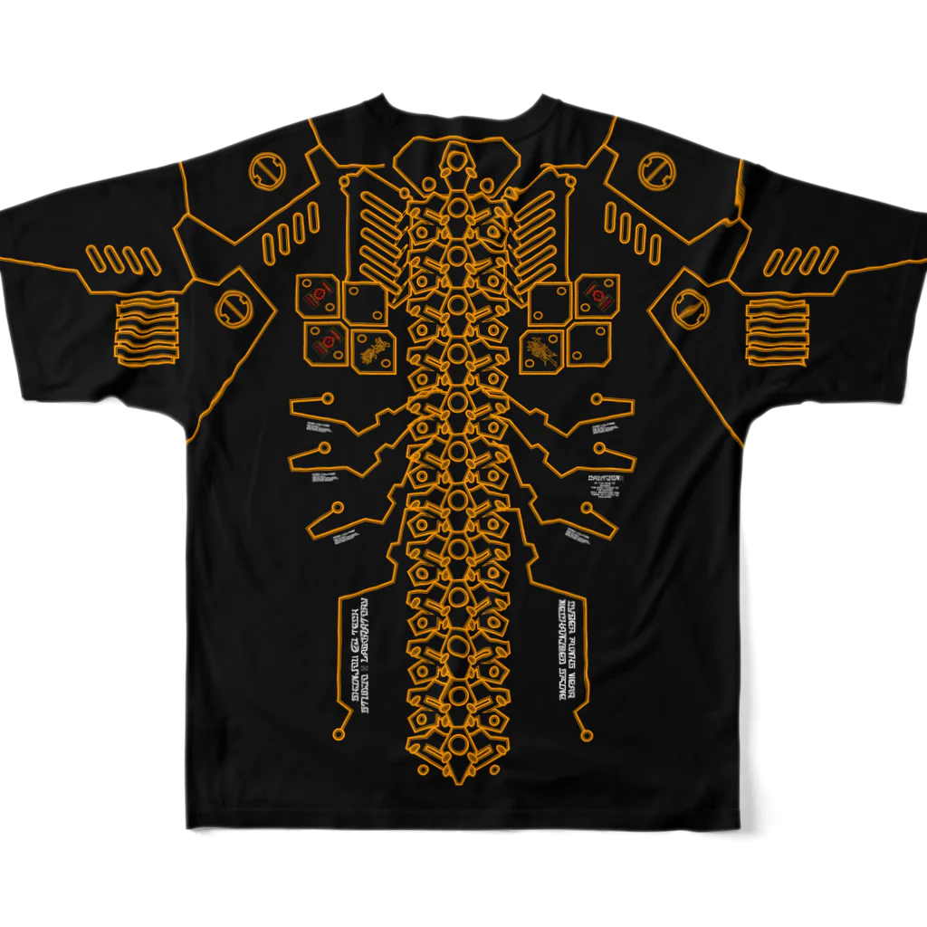 新城技術工房の背骨アーマー/黒橙 改 フルグラフィックTシャツの背面