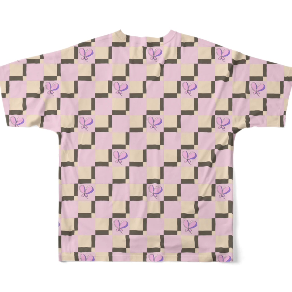 k-shopの蝶々のような四つ葉のクローバーと市松模様 ver.1 All-Over Print T-Shirt :back