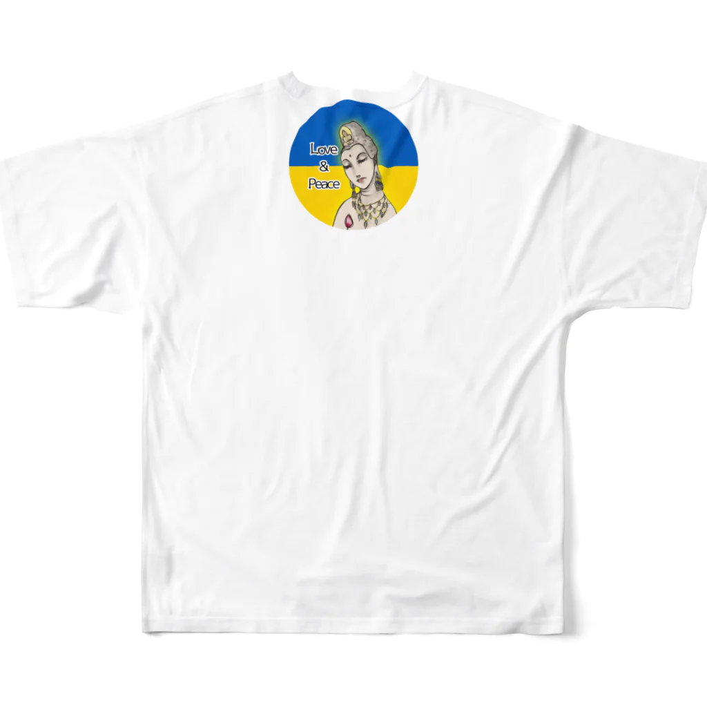 諭苑のSUZURI店のLove＆Peace観世音菩薩ウクライナ国旗背景 All-Over Print T-Shirt :back