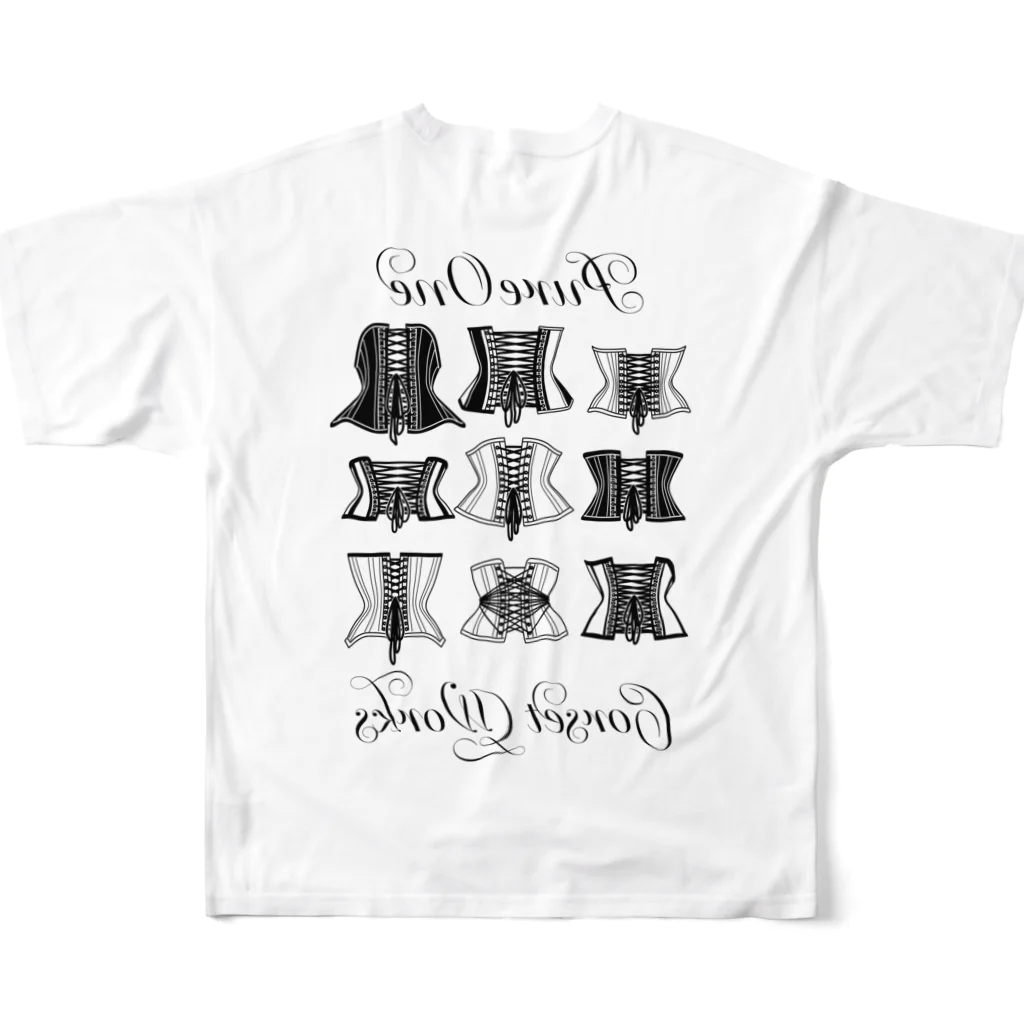 ピュアワン コルセット ワークスのカタログ柄（ブラックライン） All-Over Print T-Shirt :back