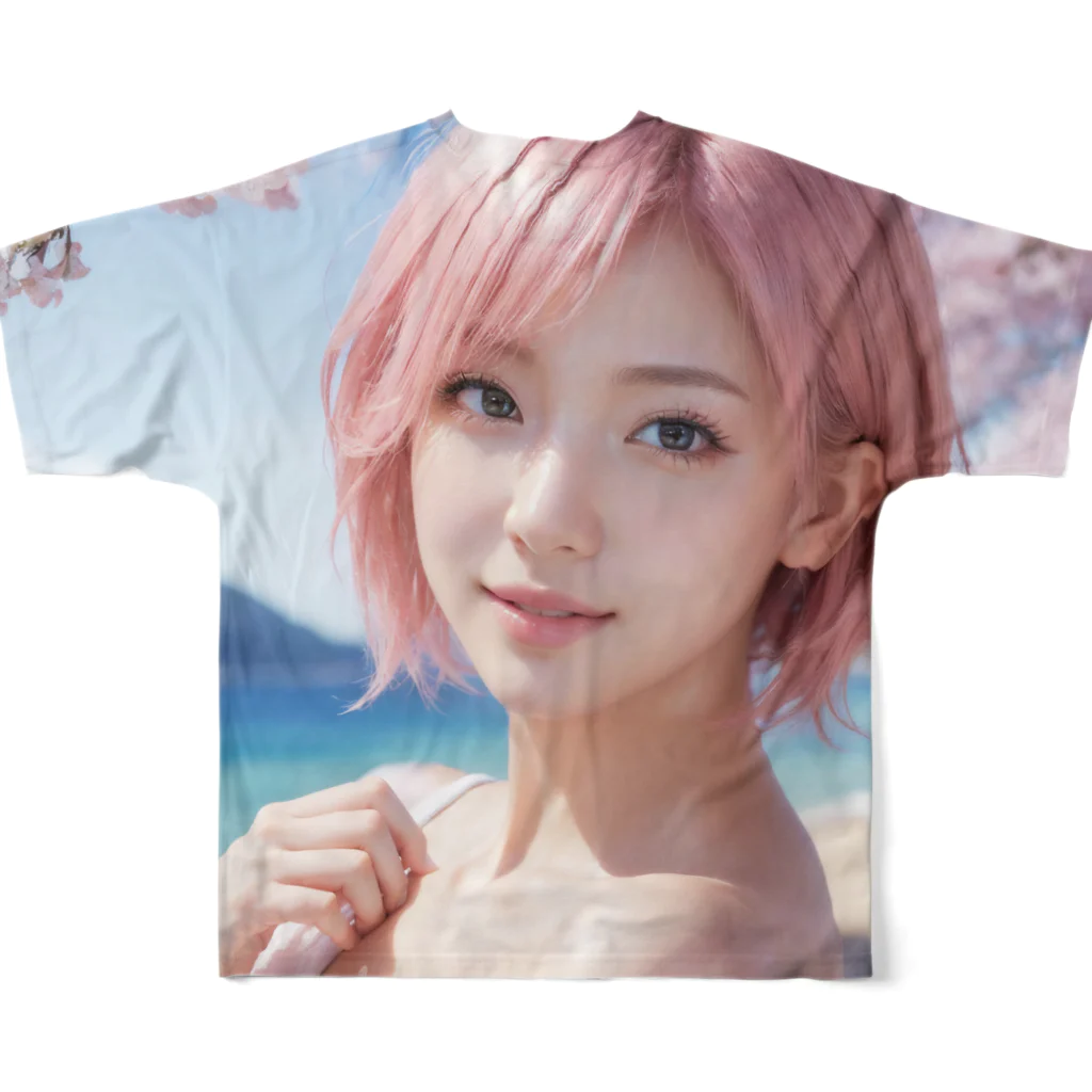 AI goddessの桜と川と青空と、ピンクの髪の女の子 All-Over Print T-Shirt :back