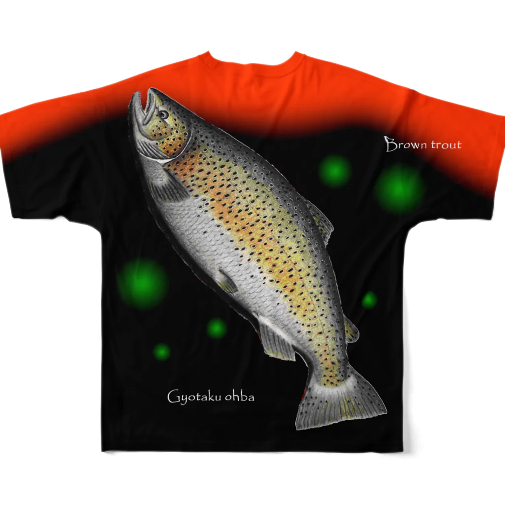 G-HERRINGのブラウントラウト（ Brown trout ）あらゆる生命たちへ感謝をささげます。 フルグラフィックTシャツの背面