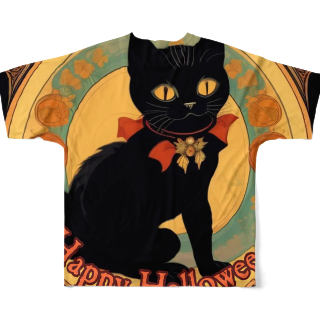 めそぽのHappy Halloweenの黒猫 フルグラフィックTシャツの背面