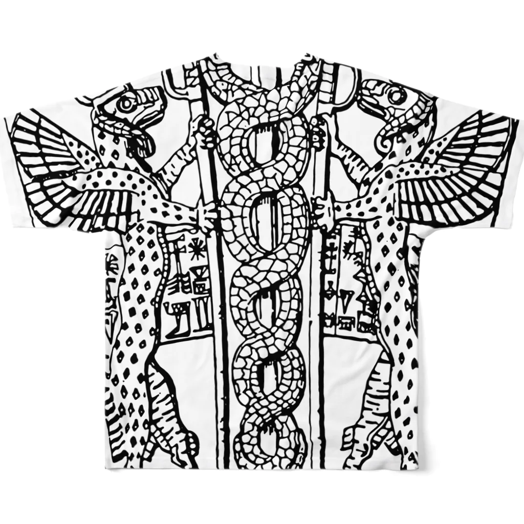 metao dzn【メタヲデザイン】のシュメール文明で用いられた２匹の蛇が絡み合うシンボル フルグラフィックTシャツの背面