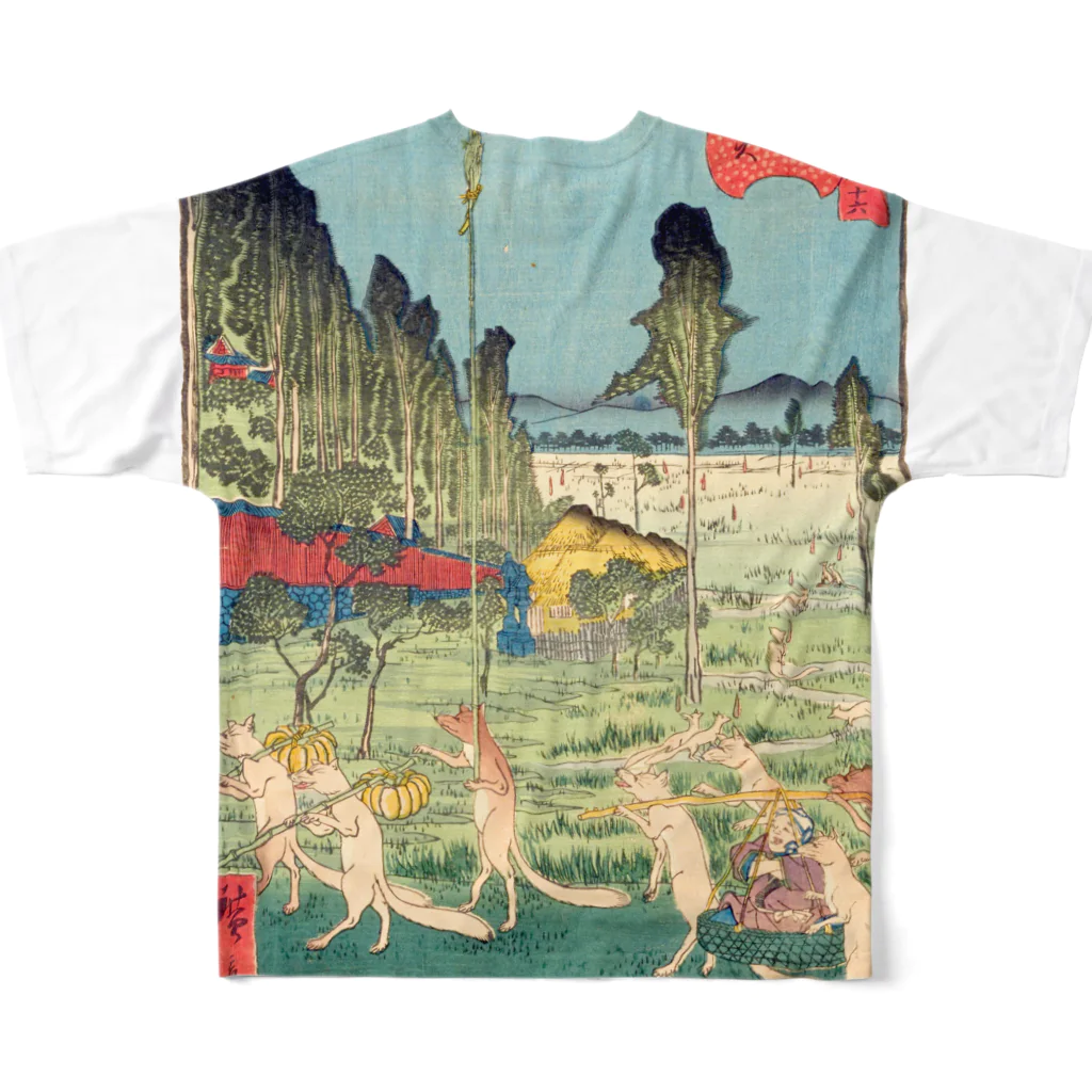 浮世絵ショップ のどぐろ　UKIYOE SHOP NODOGUROの狐　江戸名所道戯尽　十六　王子狐火 / Comical Views of Famous Places in Edo 16 Ouji Kitsunebi All-Over Print T-Shirt :back