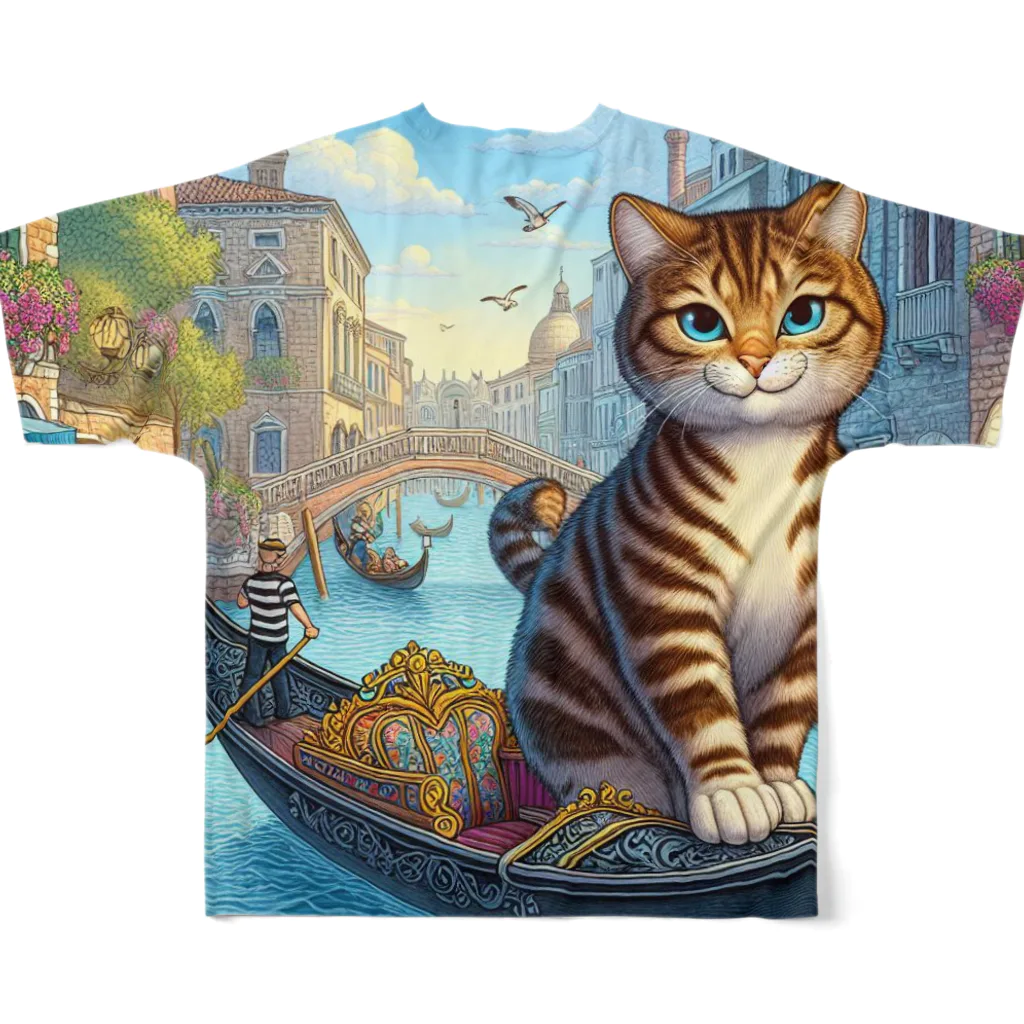 ニャーちゃんショップのヴェネツィアの水路でゴンドラに乗っているネコ All-Over Print T-Shirt :back