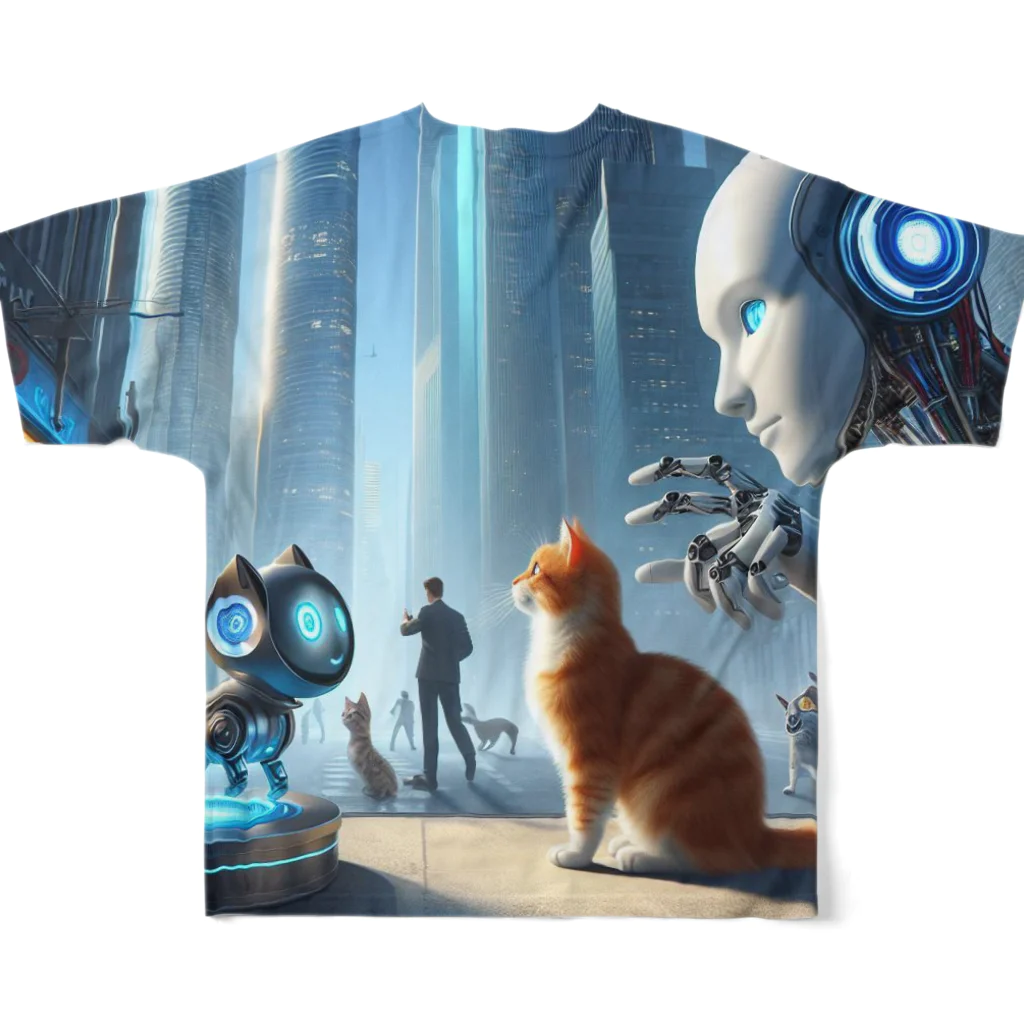 ニャーちゃんショップの未来のロボットペットと友達になっている猫 All-Over Print T-Shirt :back