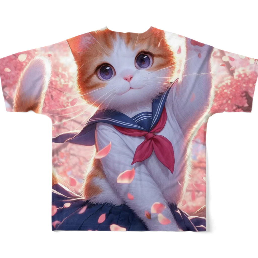 ParadigmStar　パラダイムスターの桜咲く華の学生猫 hana フルグラフィックTシャツの背面