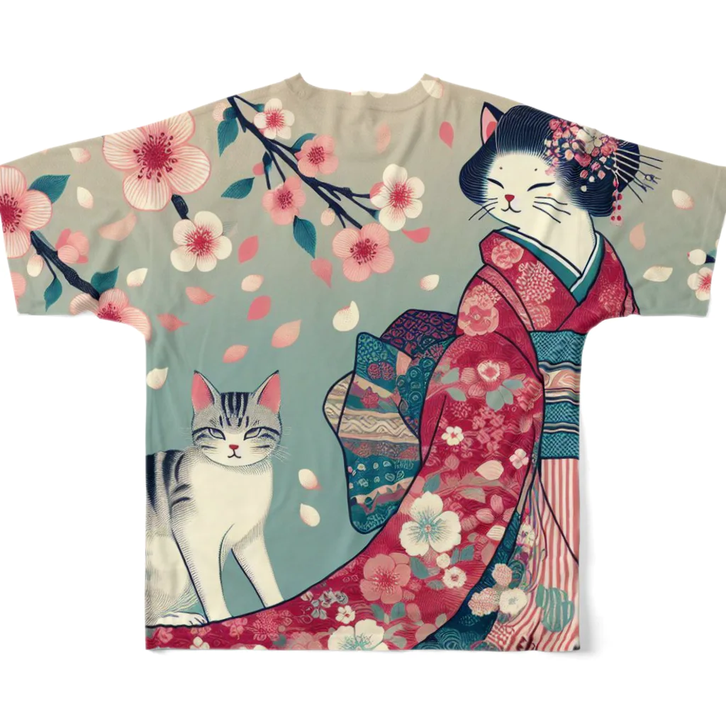 ParadigmStar　パラダイムスターの和風cat 見返り桜 All-Over Print T-Shirt :back