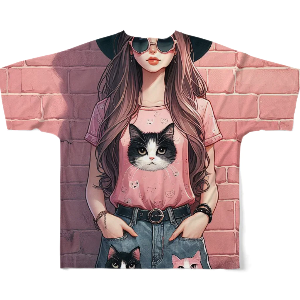 SaltyCookie Design Worksの猫好きの女の子のファッション(1) フルグラフィックTシャツの背面