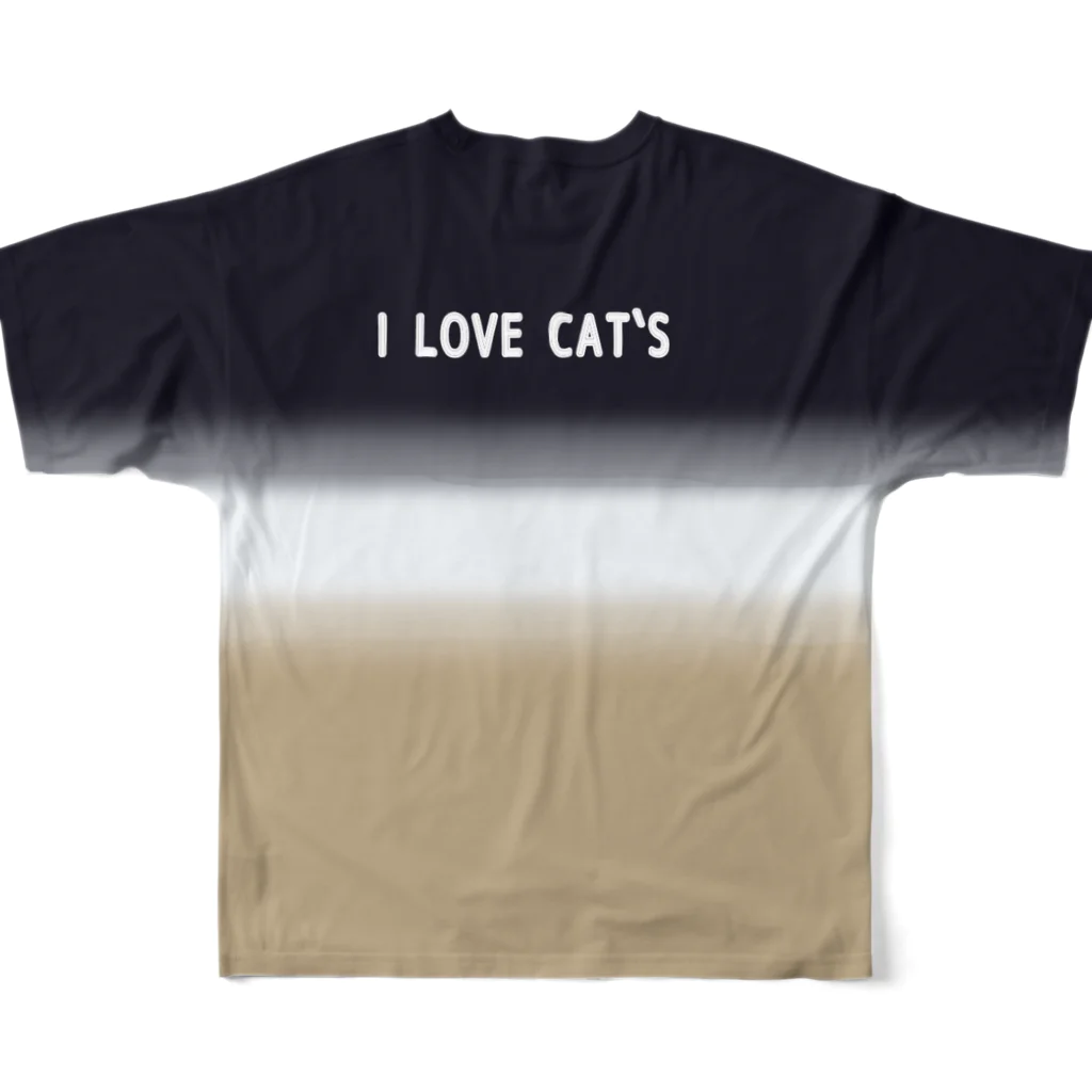 アニマル四字熟語の白と黒ハチワレ猫のねこグッズ　I LOVE CAT`S.  フルグラフィックTシャツの背面